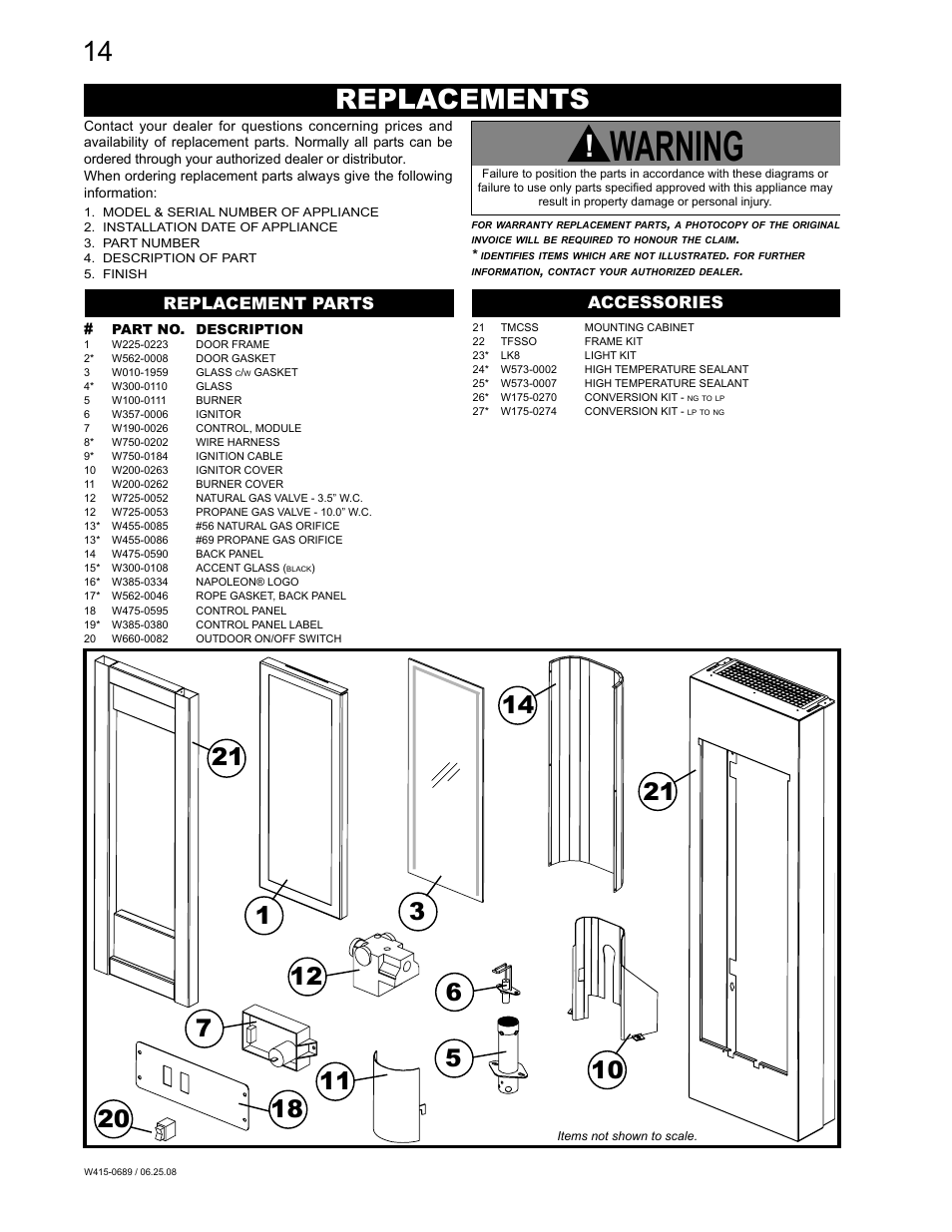 Warning, Replacements, Replacement parts accessories | Napoleon Fireplaces GSST8N User Manual | Page 14 / 16