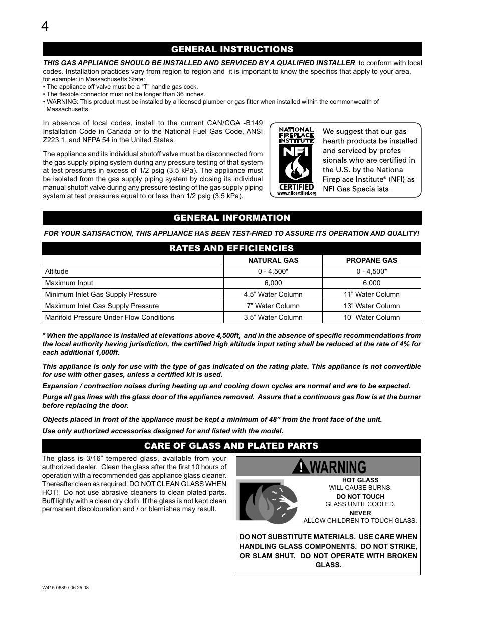 Warning | Napoleon Fireplaces GSST8N User Manual | Page 4 / 16