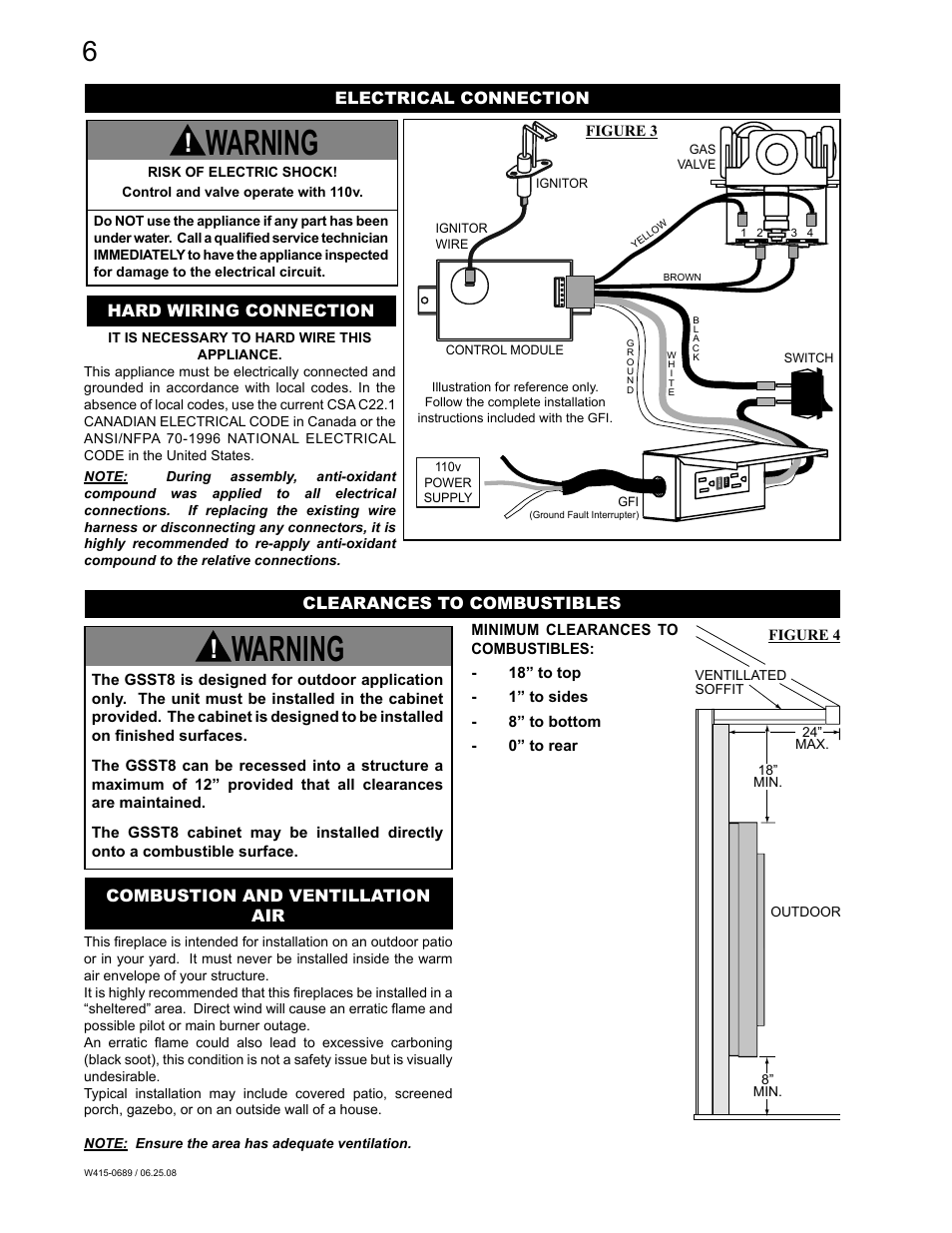 Warning, Clearances to combustibles, Electrical connection hard wiring connection | Combustion and ventillation air | Napoleon Fireplaces GSST8N User Manual | Page 6 / 16