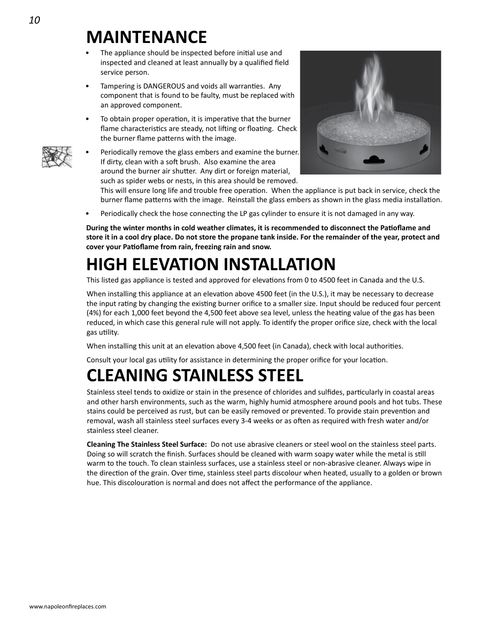 Maintenance, High elevation installation, Cleaning stainless steel | Napoleon Fireplaces GPFGP User Manual | Page 10 / 14