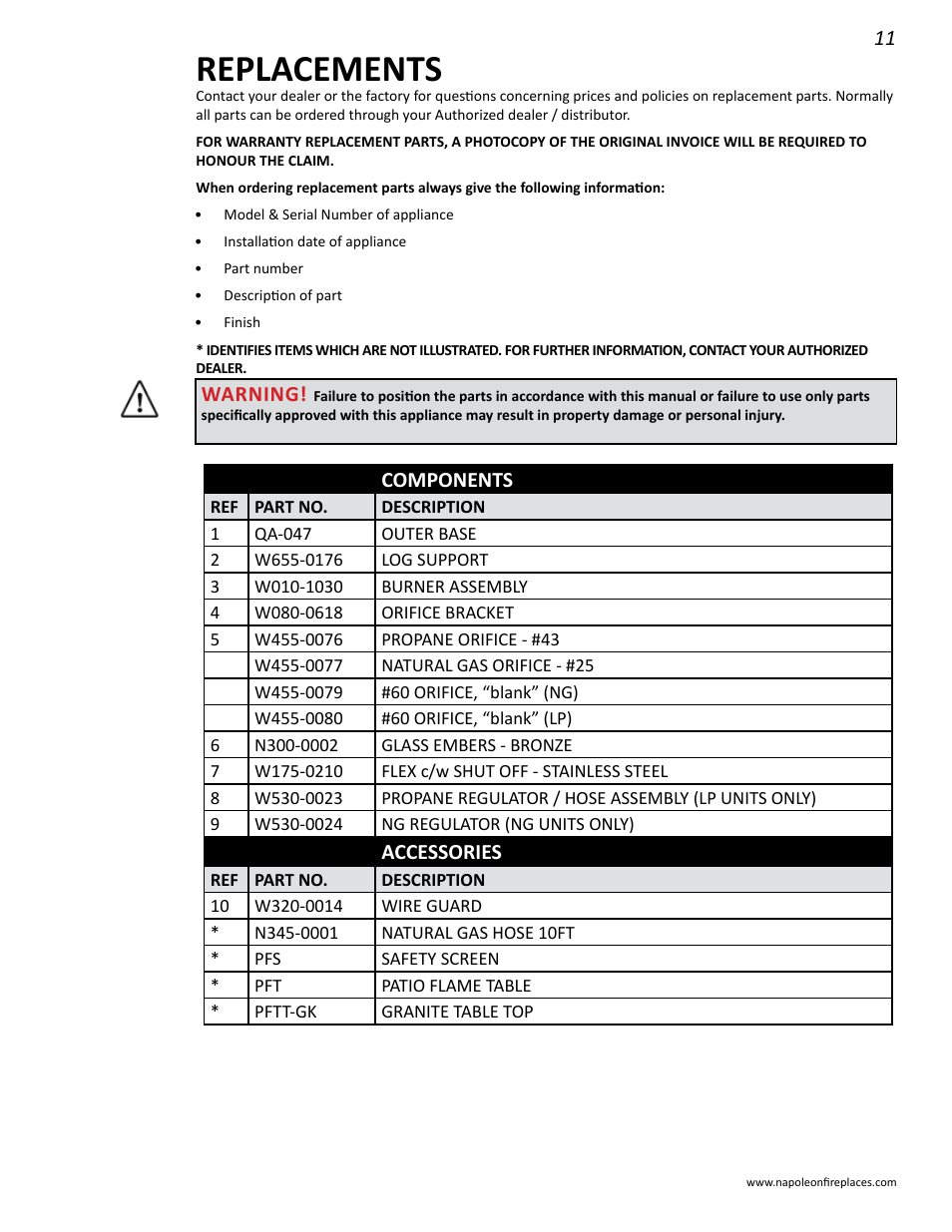 Replacements | Napoleon Fireplaces GPFGP User Manual | Page 11 / 14