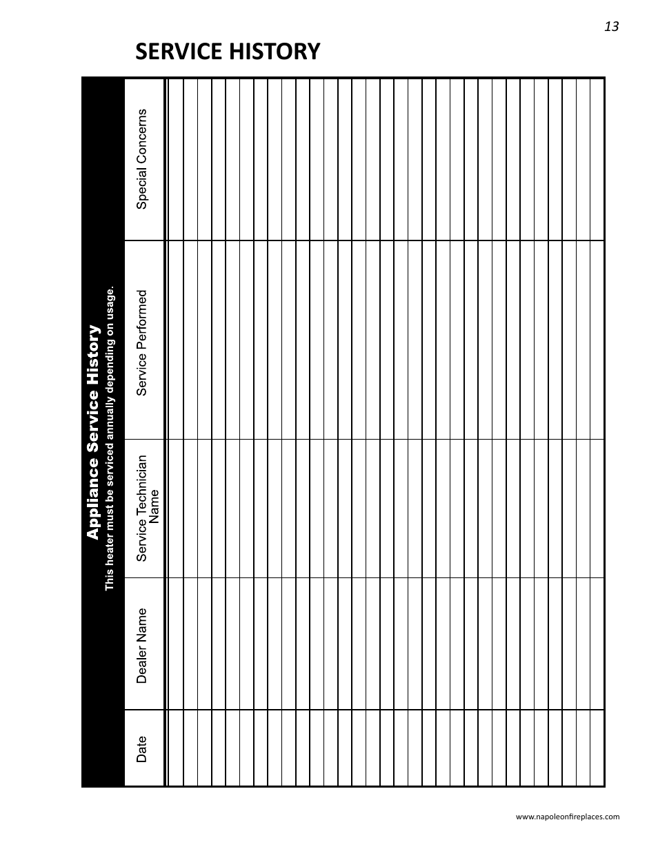 Service history | Napoleon Fireplaces GPFGP User Manual | Page 13 / 14