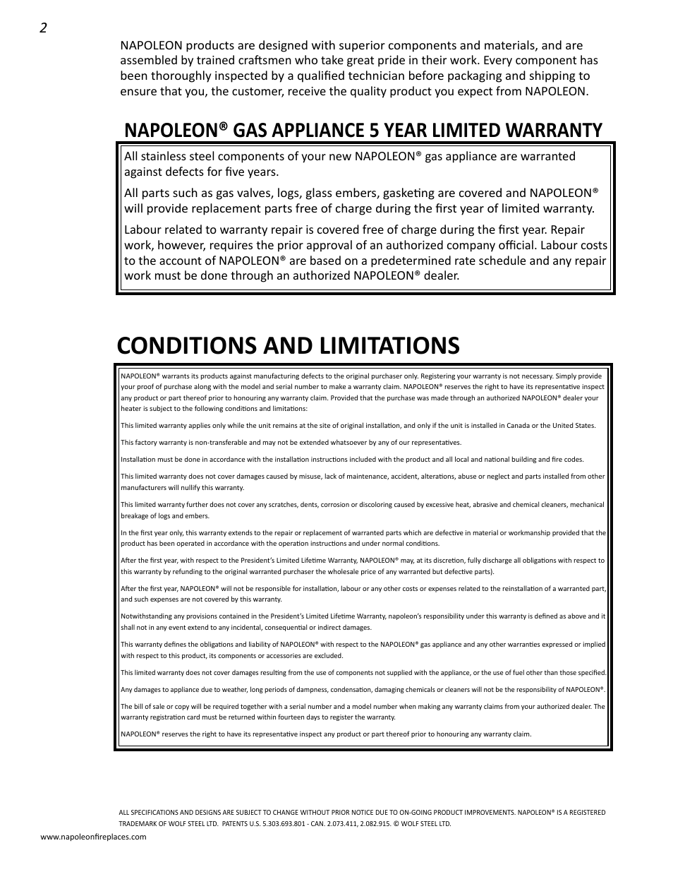 Conditions and limitations, Napoleon® gas appliance 5 year limited warranty | Napoleon Fireplaces GPFGP User Manual | Page 2 / 14