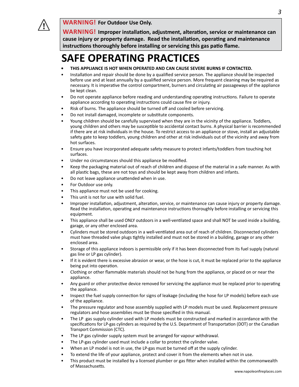 Safe operating practices, Warning | Napoleon Fireplaces GPFGP User Manual | Page 3 / 14