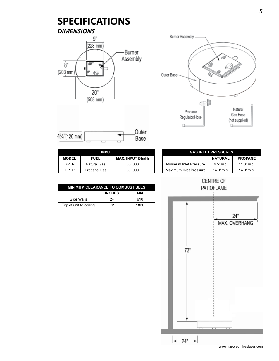 Specifications, Dimensions | Napoleon Fireplaces GPFGP User Manual | Page 5 / 14
