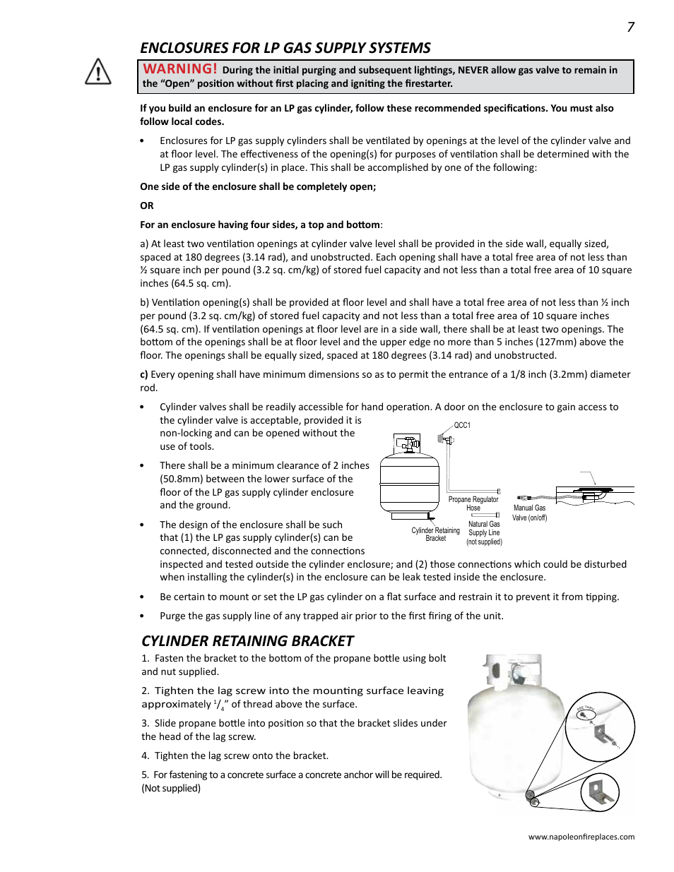 Enclosures for lp gas supply systems, Cylinder retaining bracket, Warning | Napoleon Fireplaces GPFGP User Manual | Page 7 / 14