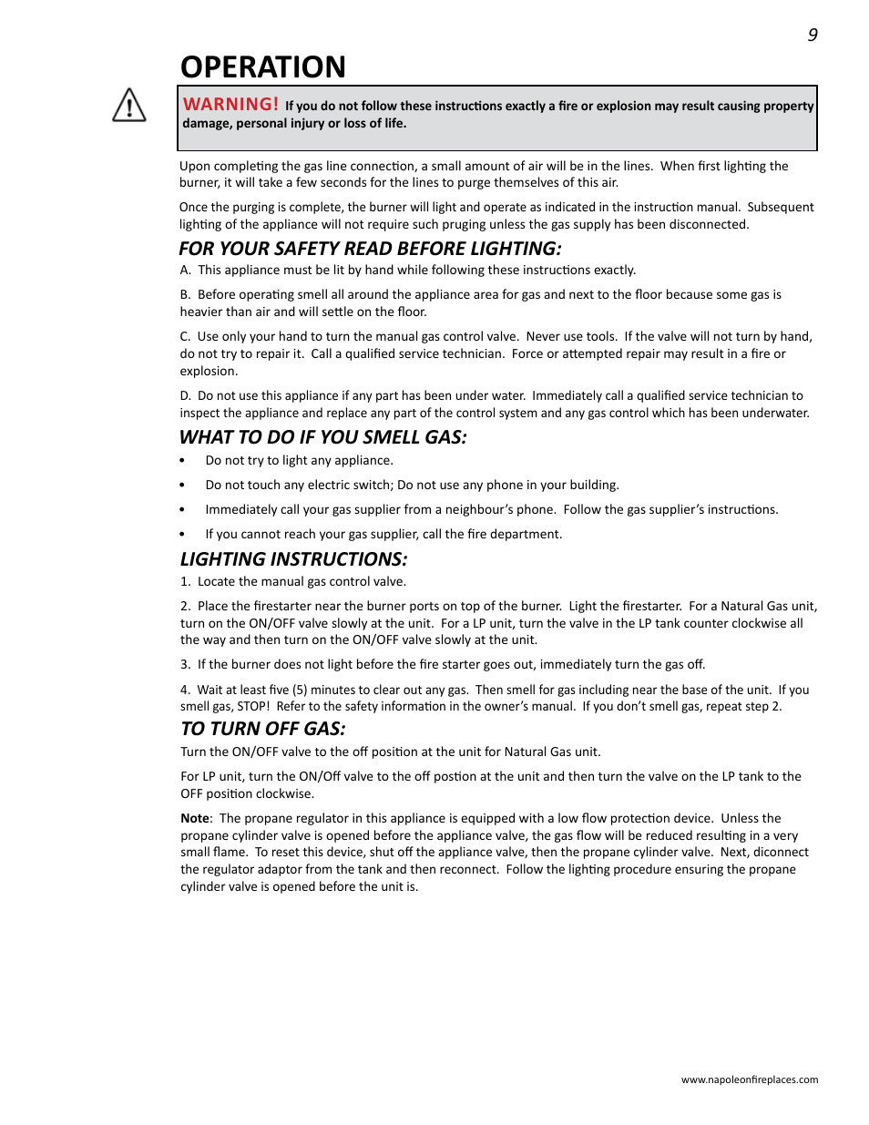 Operation, For your safety read before lighting, What to do if you smell gas | Lighting instructions, Warning | Napoleon Fireplaces GPFGP User Manual | Page 9 / 14