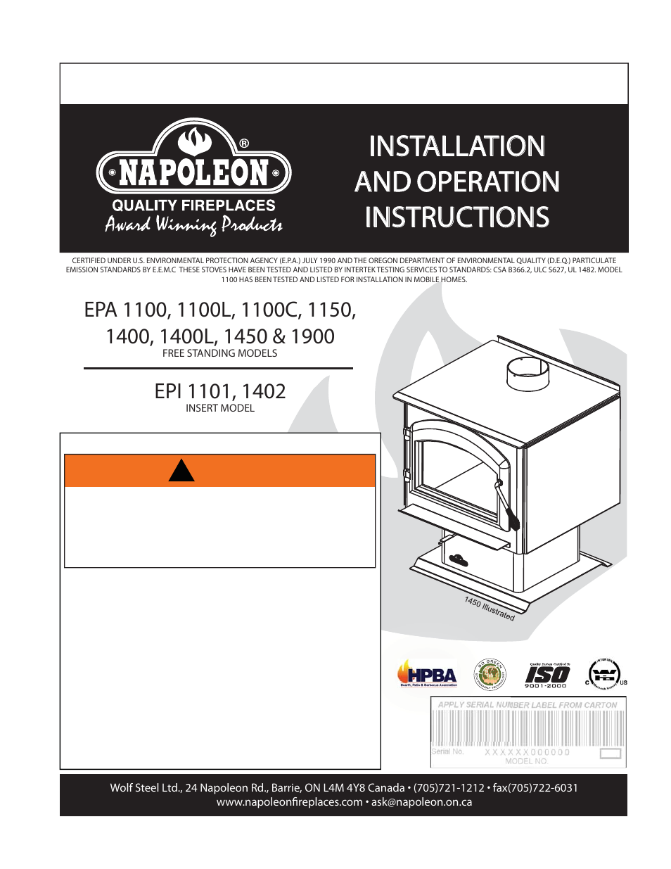 Napoleon Fireplaces EPA 1900 User Manual | 21 pages