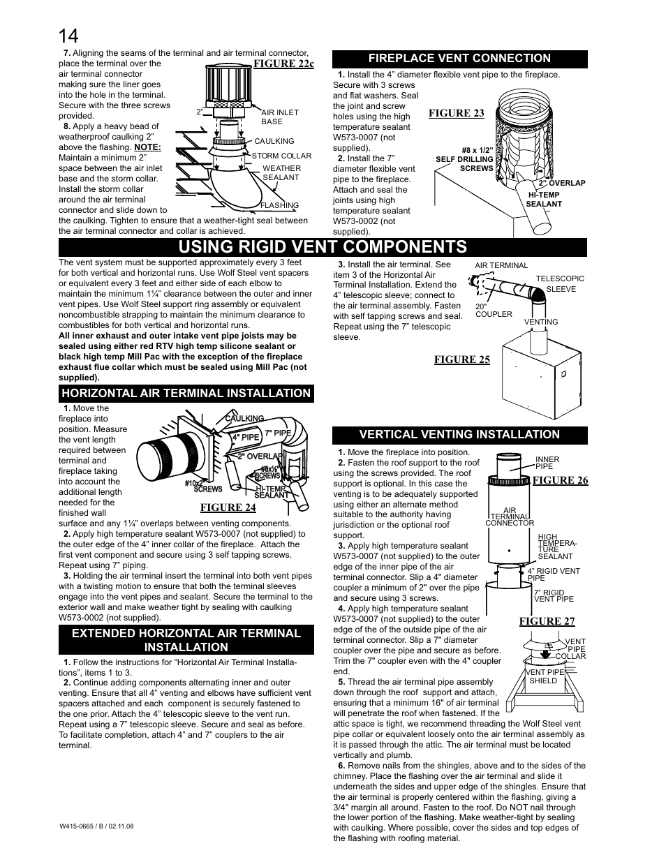 Using rigid vent components, Fireplace vent connection, Horizontal air terminal installation | Extended horizontal air terminal installation, Vertical venting installation | Napoleon Fireplaces GD82PT-PA User Manual | Page 14 / 32