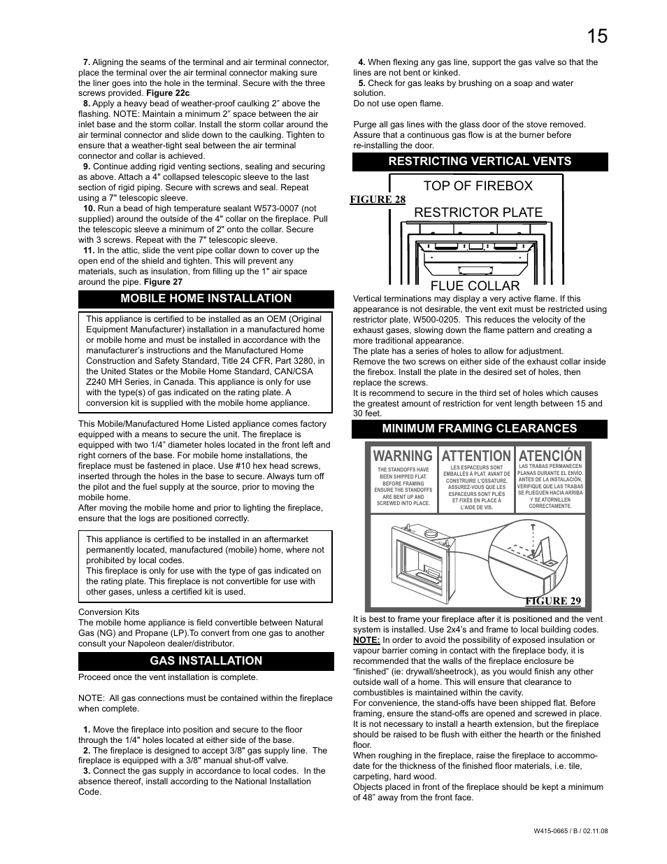 Warning, Attention atención, Top of firebox restrictor plate flue collar | Mobile home installation, Gas installation, Restricting vertical vents, Minimum framing clearances, Figure 29 figure 28 | Napoleon Fireplaces GD82PT-PA User Manual | Page 15 / 32