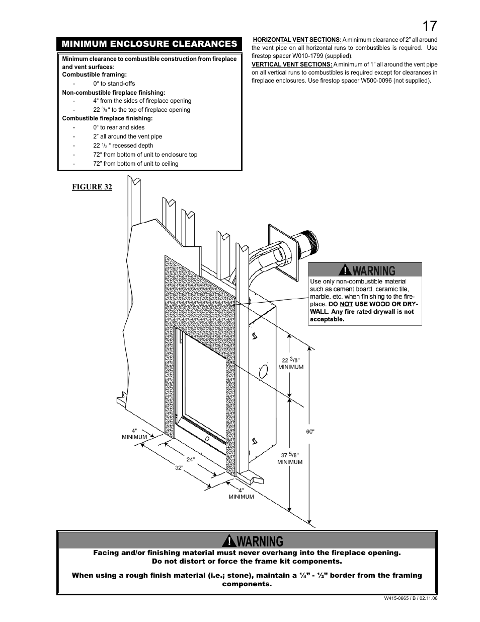 Warning, Minimum enclosure clearances | Napoleon Fireplaces GD82PT-PA User Manual | Page 17 / 32