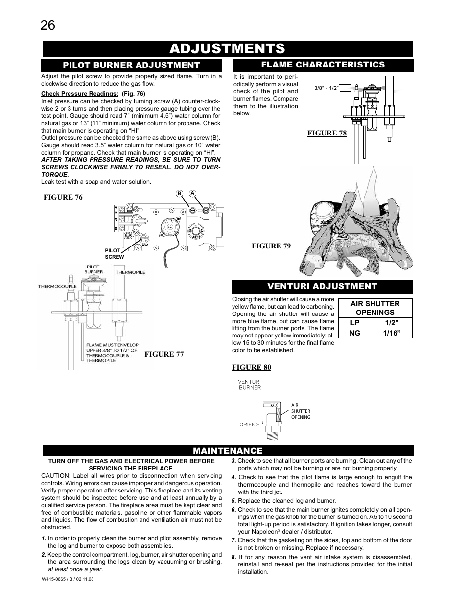 Adjustments, Pilot burner adjustment, Flame characteristics | Venturi adjustment, Maintenance | Napoleon Fireplaces GD82PT-PA User Manual | Page 26 / 32