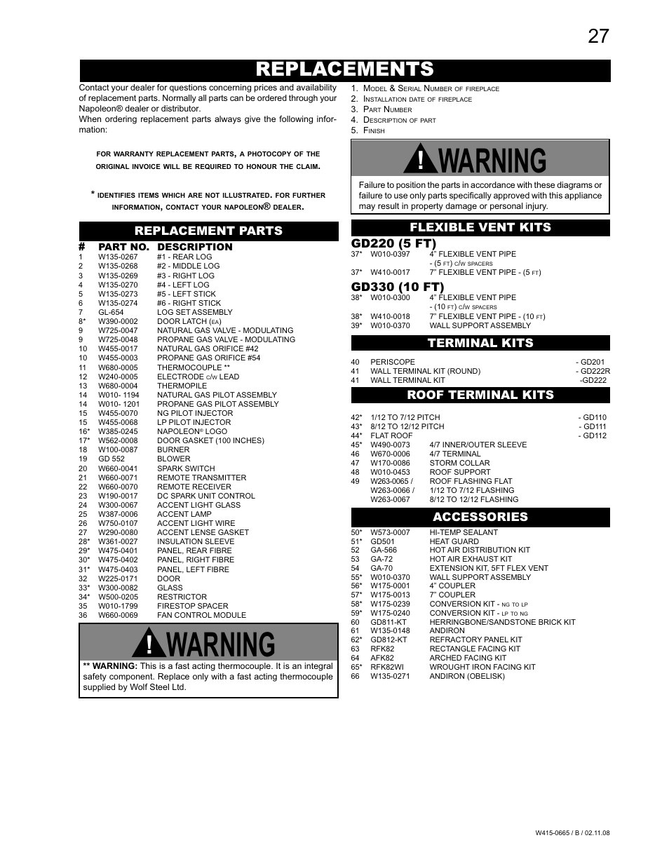 Warning, Replacements, Replacement parts accessories gd220 (5 ft) | Napoleon Fireplaces GD82PT-PA User Manual | Page 27 / 32