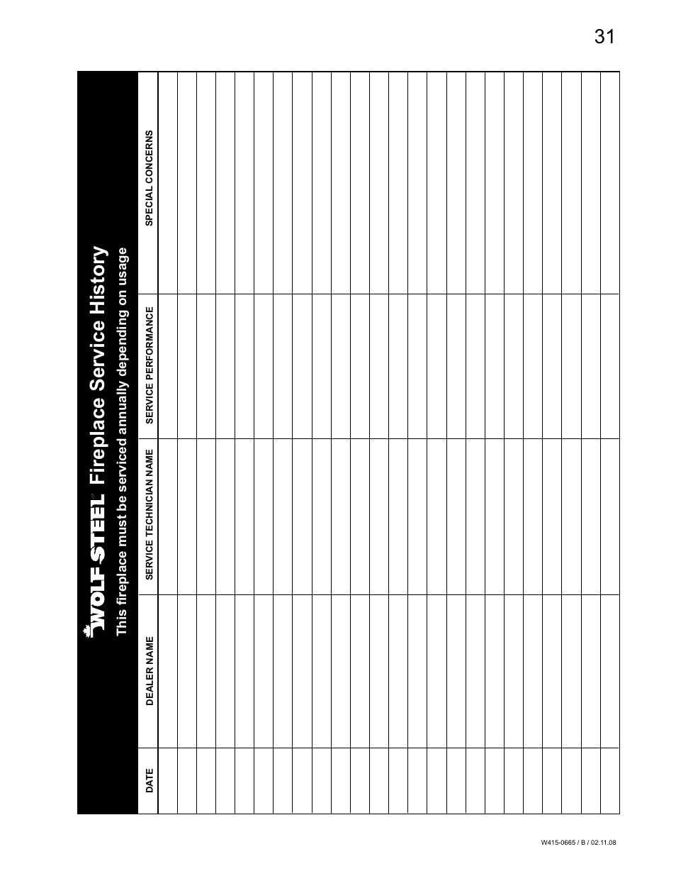 Fireplace service history | Napoleon Fireplaces GD82PT-PA User Manual | Page 31 / 32