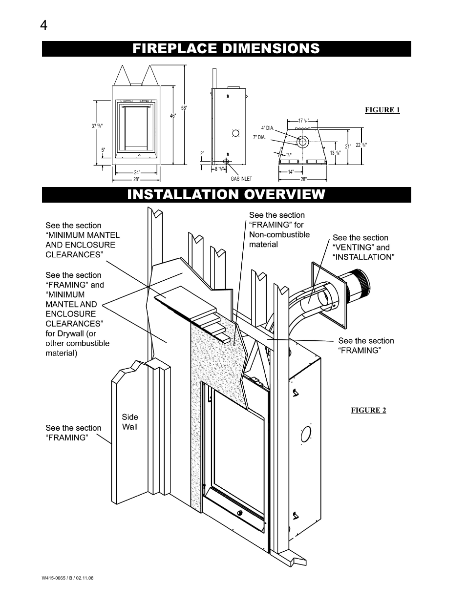 Installation overview, Fireplace dimensions, Figure 1 | Figure 2 | Napoleon Fireplaces GD82PT-PA User Manual | Page 4 / 32