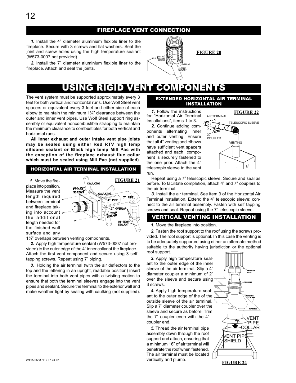 Using rigid vent components, Fireplace vent connection, Vertical venting installation | Napoleon Fireplaces TUREEN GD82PT-T User Manual | Page 12 / 32