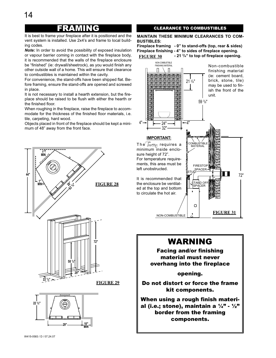 Warning, Framing | Napoleon Fireplaces TUREEN GD82PT-T User Manual | Page 14 / 32
