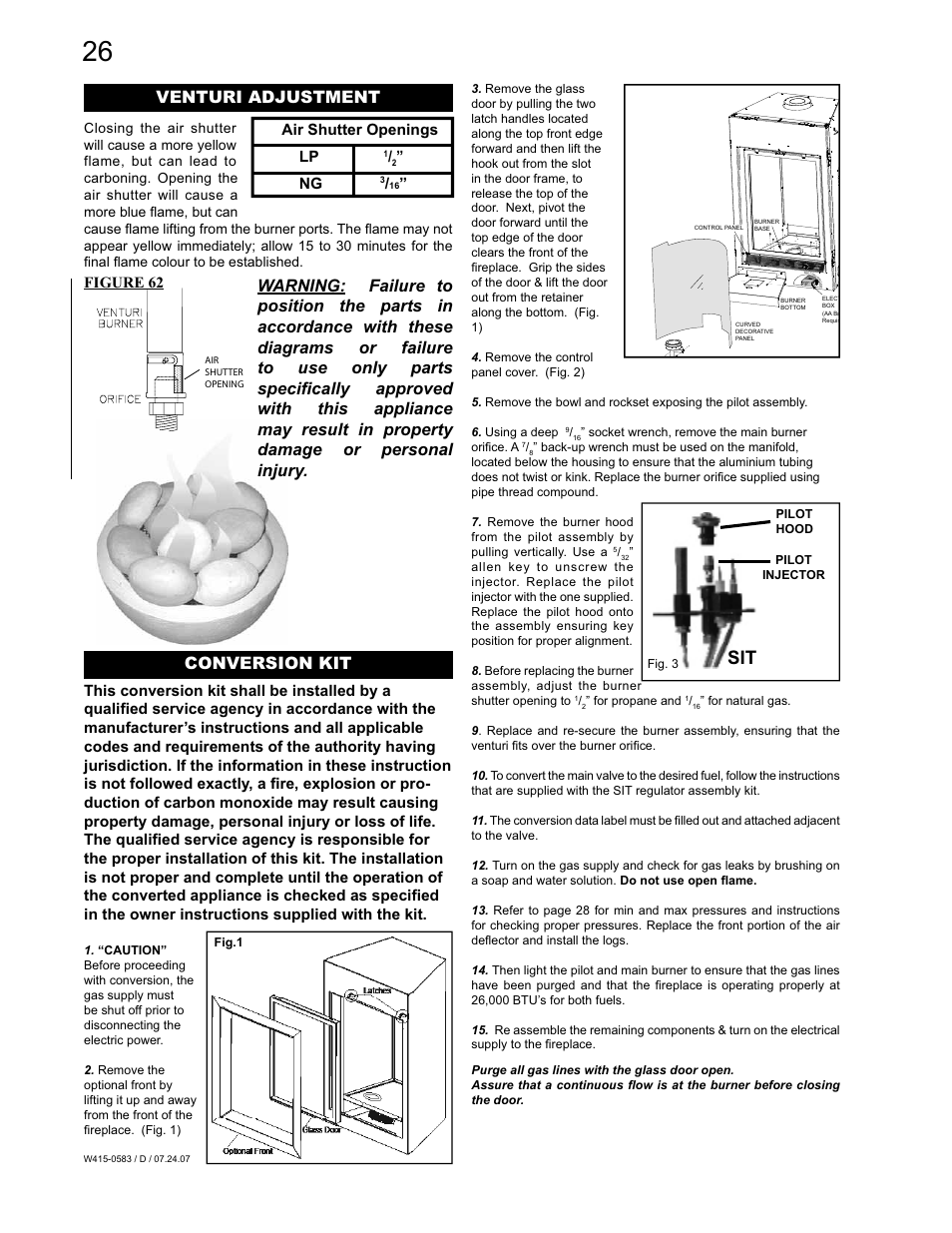 Conversion kit, Venturi adjustment, Figure 62 | Air shutter openings lp | Napoleon Fireplaces TUREEN GD82PT-T User Manual | Page 26 / 32