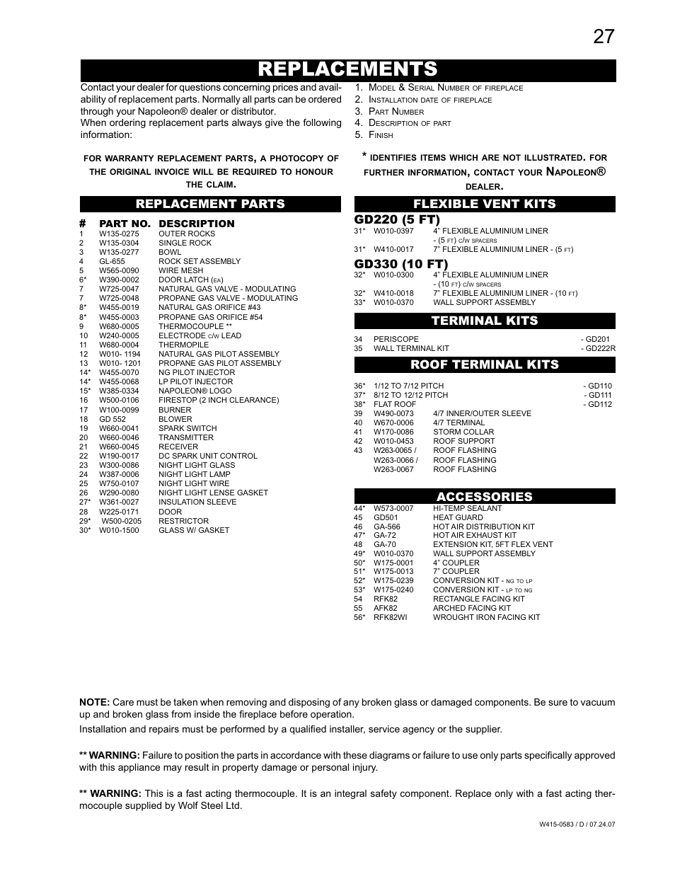 Replacements, Replacement parts accessories gd220 (5 ft) | Napoleon Fireplaces TUREEN GD82PT-T User Manual | Page 27 / 32