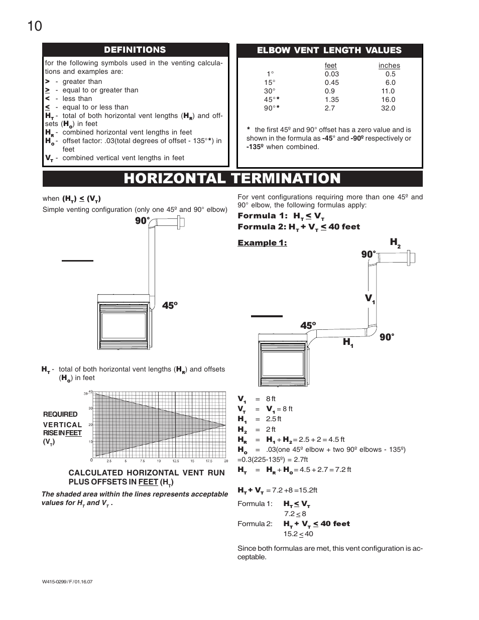 Horizontal termination, 90° h, 45º 90 | Definitions elbow vent length values | Napoleon Fireplaces BGD40-N User Manual | Page 10 / 36