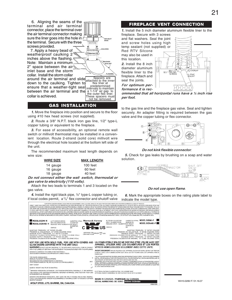 Fireplace vent connection, Gas installation | Napoleon Fireplaces BGD40-N User Manual | Page 21 / 36