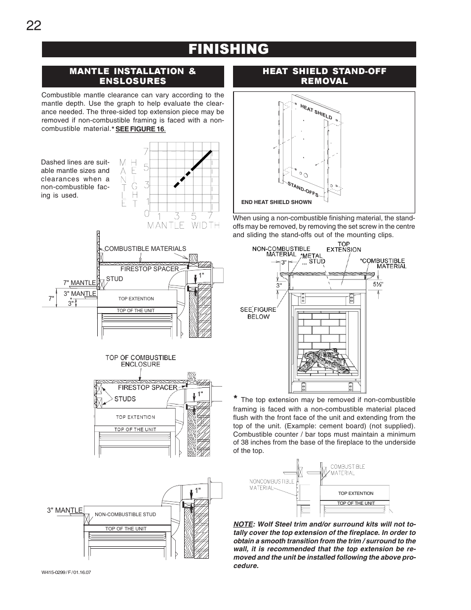 Finishing, Mantle installation & enslosures, Heat shield stand-off removal | Napoleon Fireplaces BGD40-N User Manual | Page 22 / 36