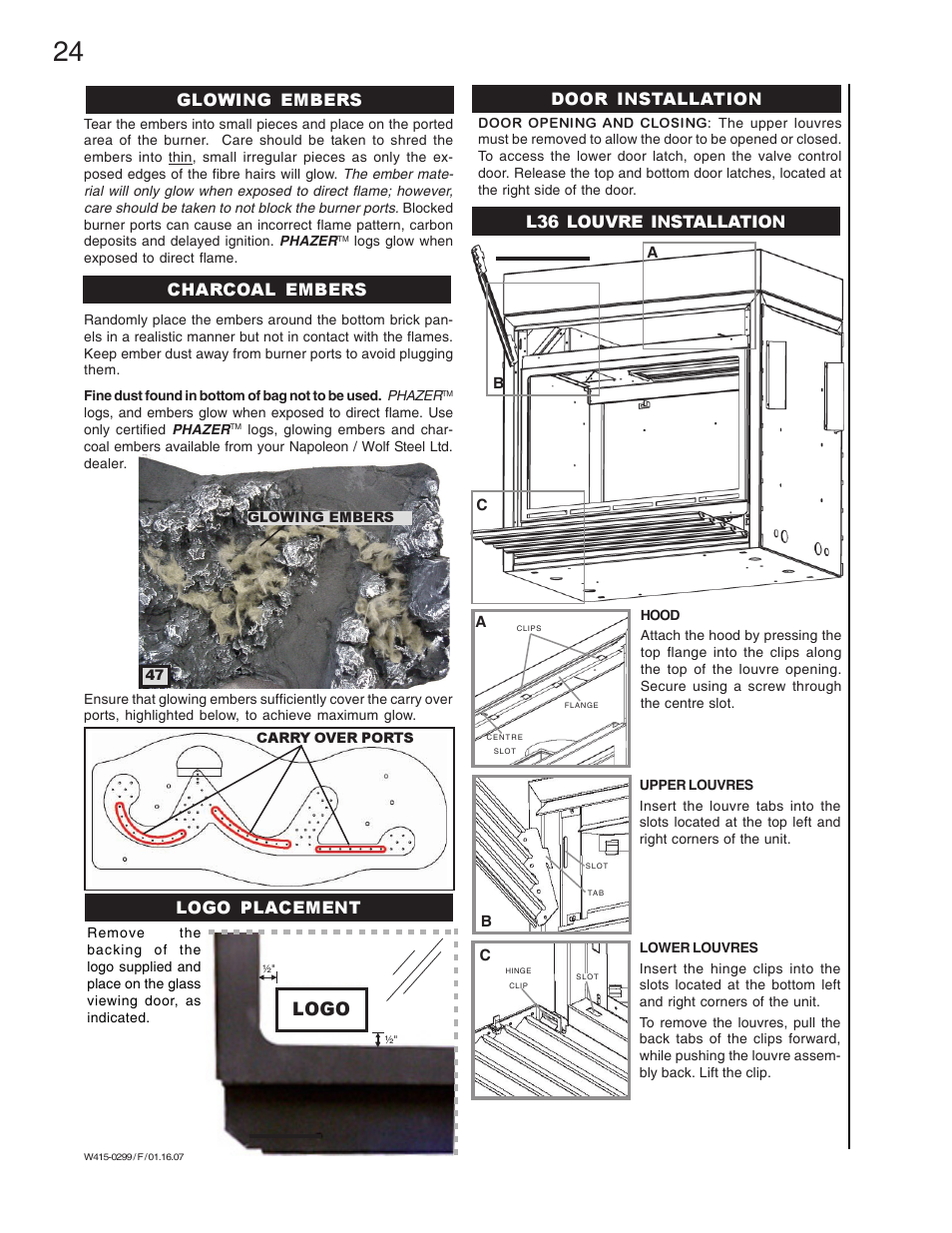 Logo, L36 louvre installation, Glowing embers charcoal embers door installation | Logo placement | Napoleon Fireplaces BGD40-N User Manual | Page 24 / 36