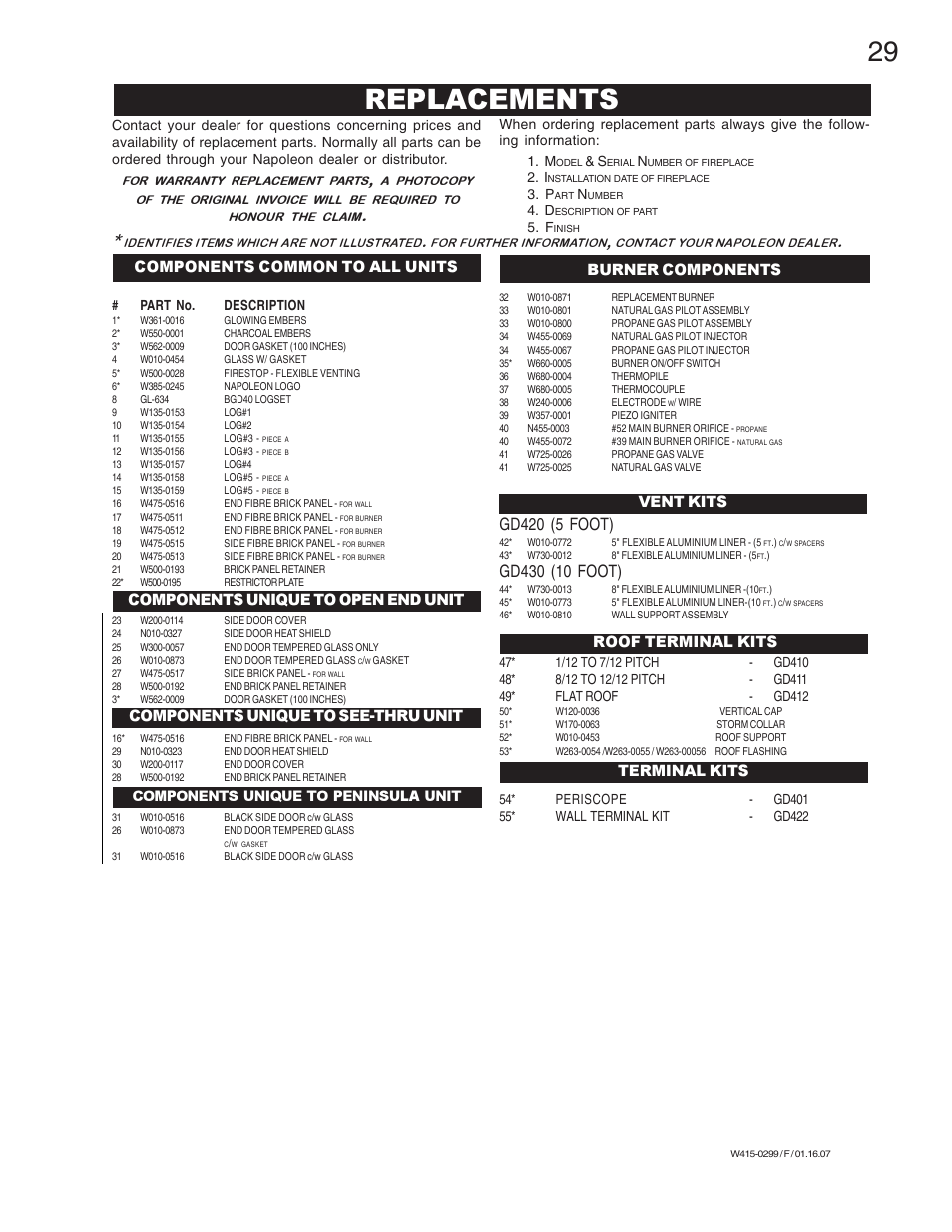 Replacements, Gd420 (5 foot), Roof terminal kits terminal kits vent kits | Napoleon Fireplaces BGD40-N User Manual | Page 29 / 36