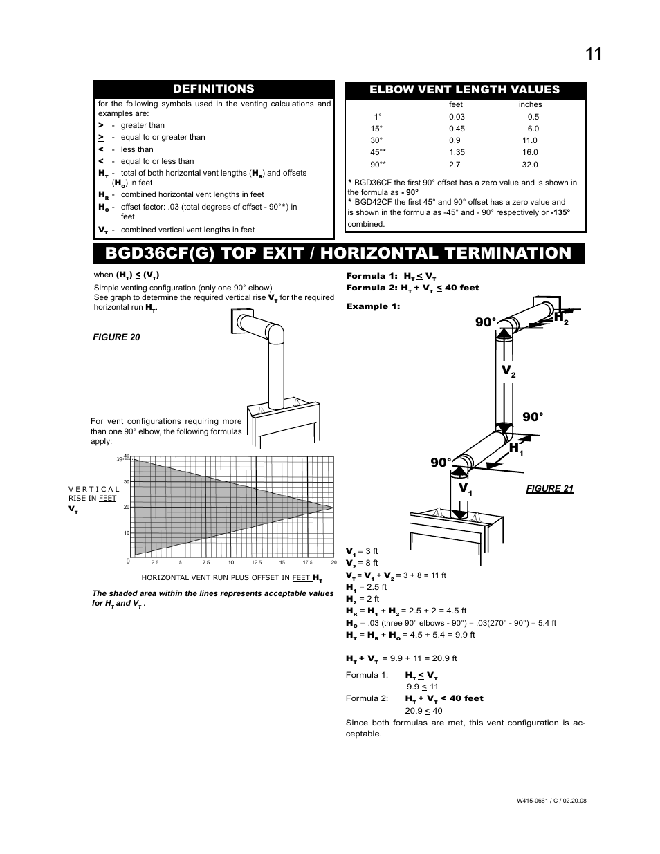 Bgd36cf(g) top exit / horizontal termination, 90° h, Definitions elbow vent length values | Napoleon Fireplaces BGD36CFPTR User Manual | Page 11 / 48