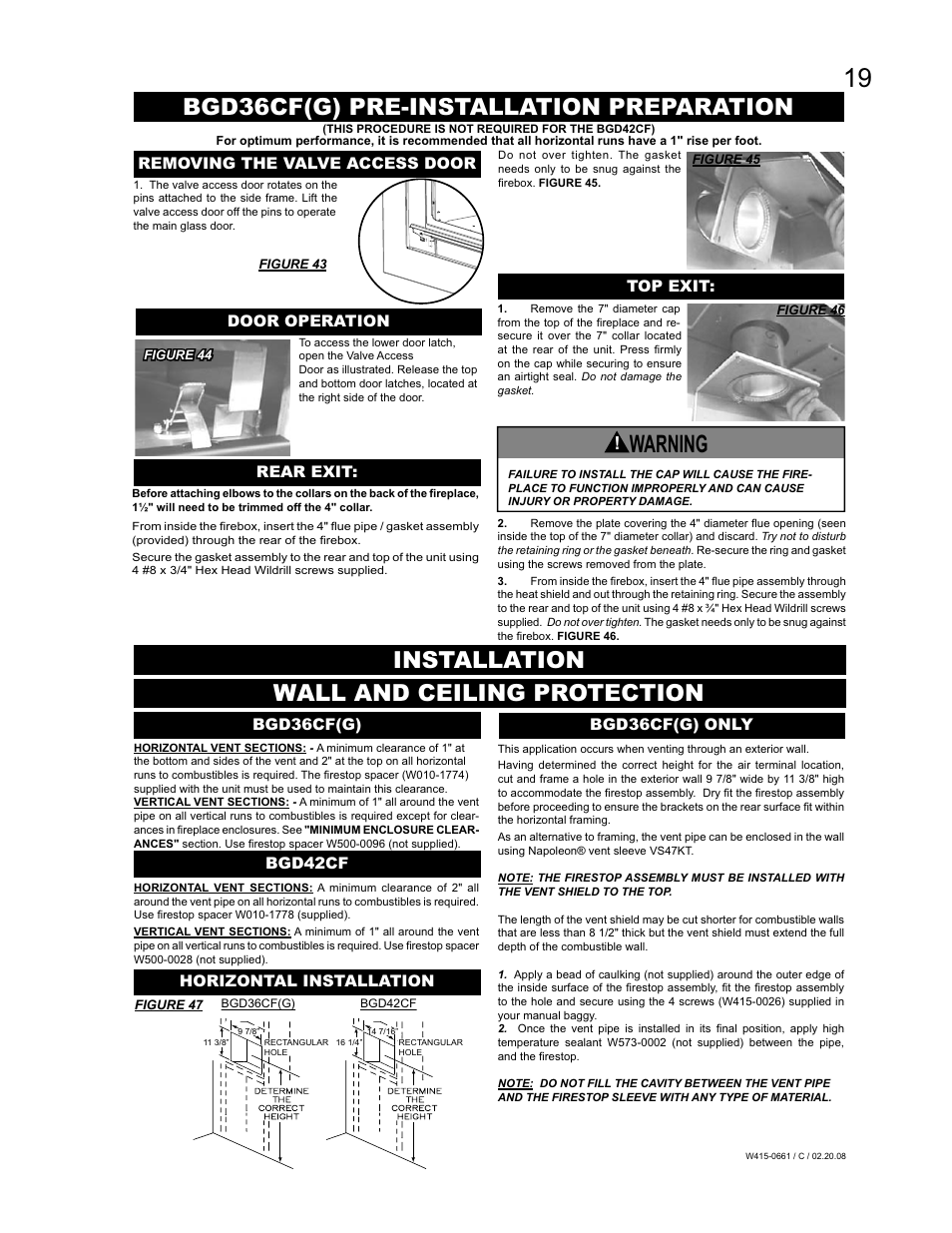 Warning, Bgd36cf(g) pre-installation preparation, Installation wall and ceiling protection | Napoleon Fireplaces BGD36CFPTR User Manual | Page 19 / 48