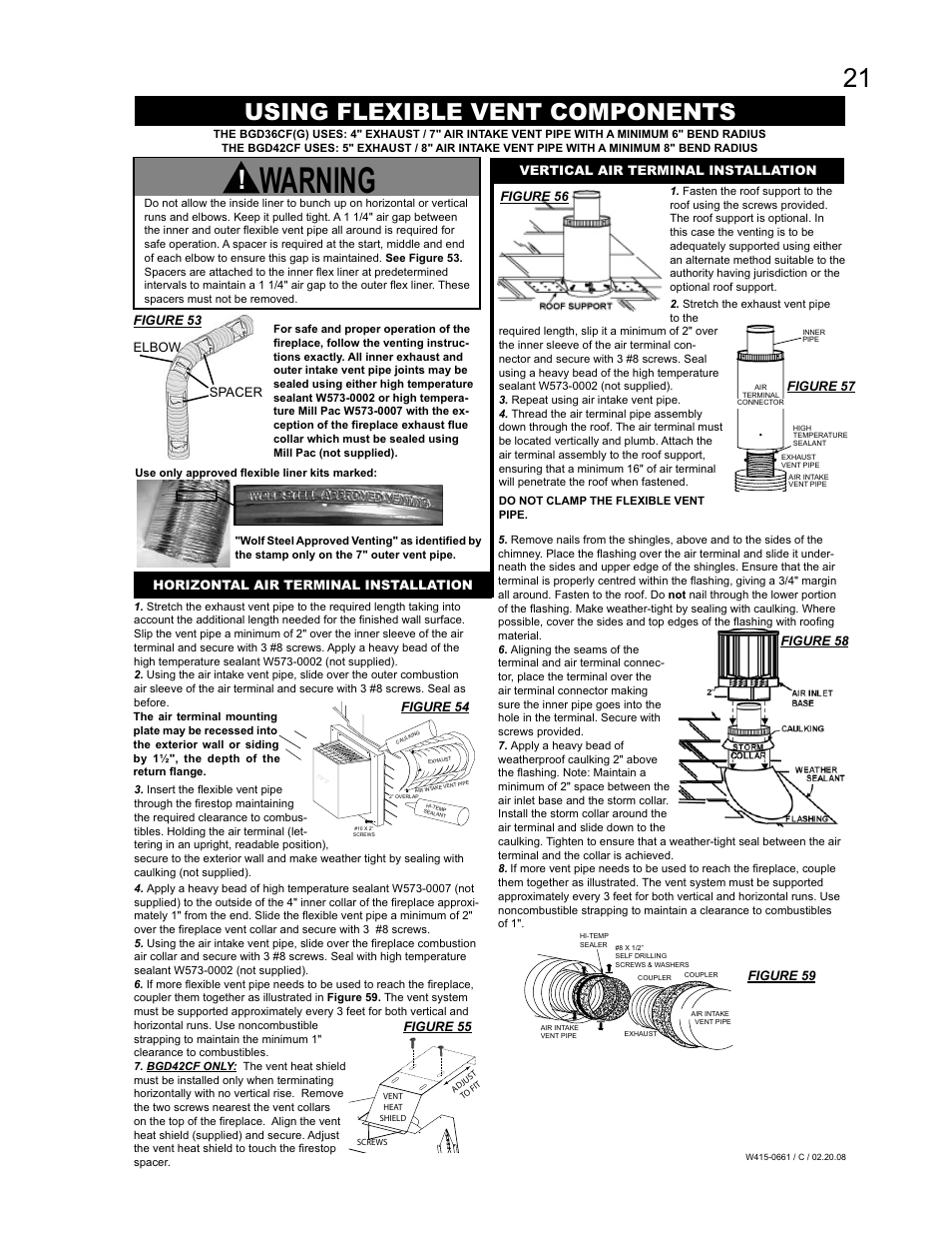 Warning, Using flexible vent components, Att ent ion -ch aud cau tio n - ho t | Napoleon Fireplaces BGD36CFPTR User Manual | Page 21 / 48