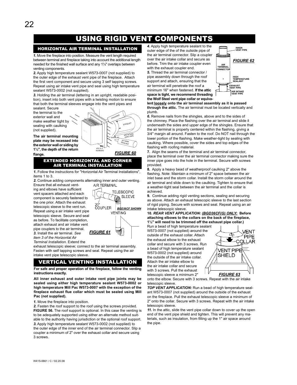 Using rigid vent components, Vertical venting installation, Att ent ion -ch aud cau tio n - ho t | Napoleon Fireplaces BGD36CFPTR User Manual | Page 22 / 48