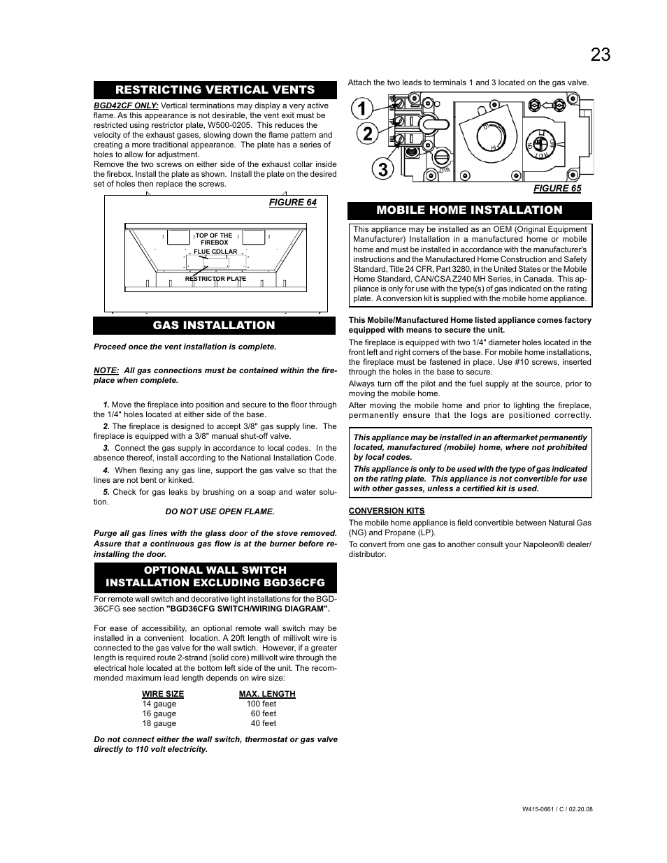 Restricting vertical vents, Gas installation, Mobile home installation | Napoleon Fireplaces BGD36CFPTR User Manual | Page 23 / 48