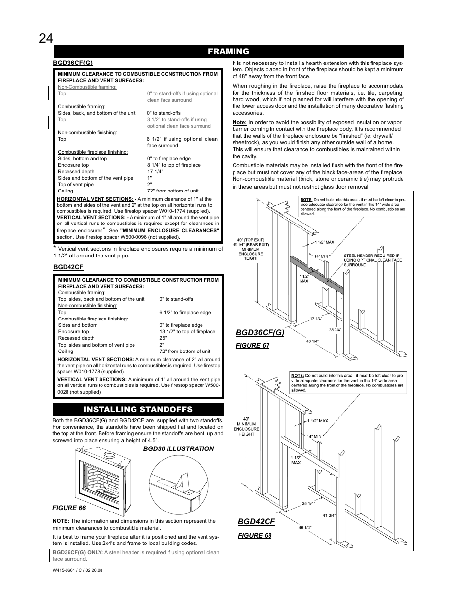 Framing bgd42cf bgd36cf(g), Installing standoffs | Napoleon Fireplaces BGD36CFPTR User Manual | Page 24 / 48