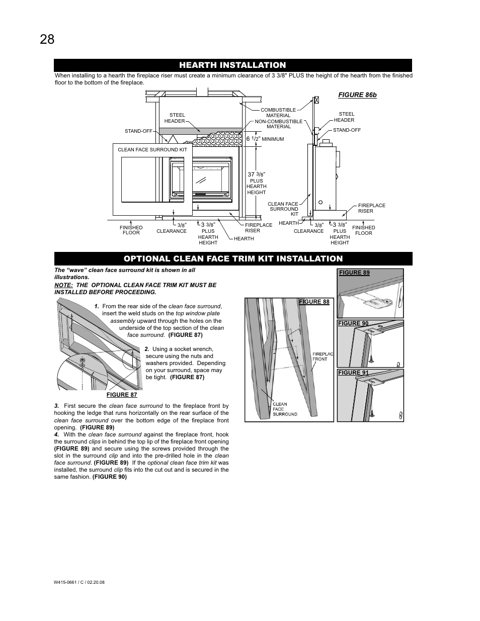 Hearth installation, Optional clean face trim kit installation | Napoleon Fireplaces BGD36CFPTR User Manual | Page 28 / 48
