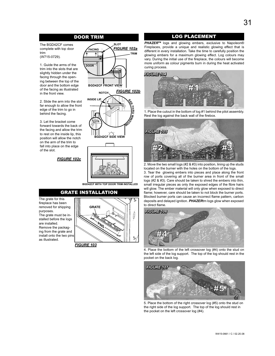 Grate installation, Door trim, Log placement | Napoleon Fireplaces BGD36CFPTR User Manual | Page 31 / 48