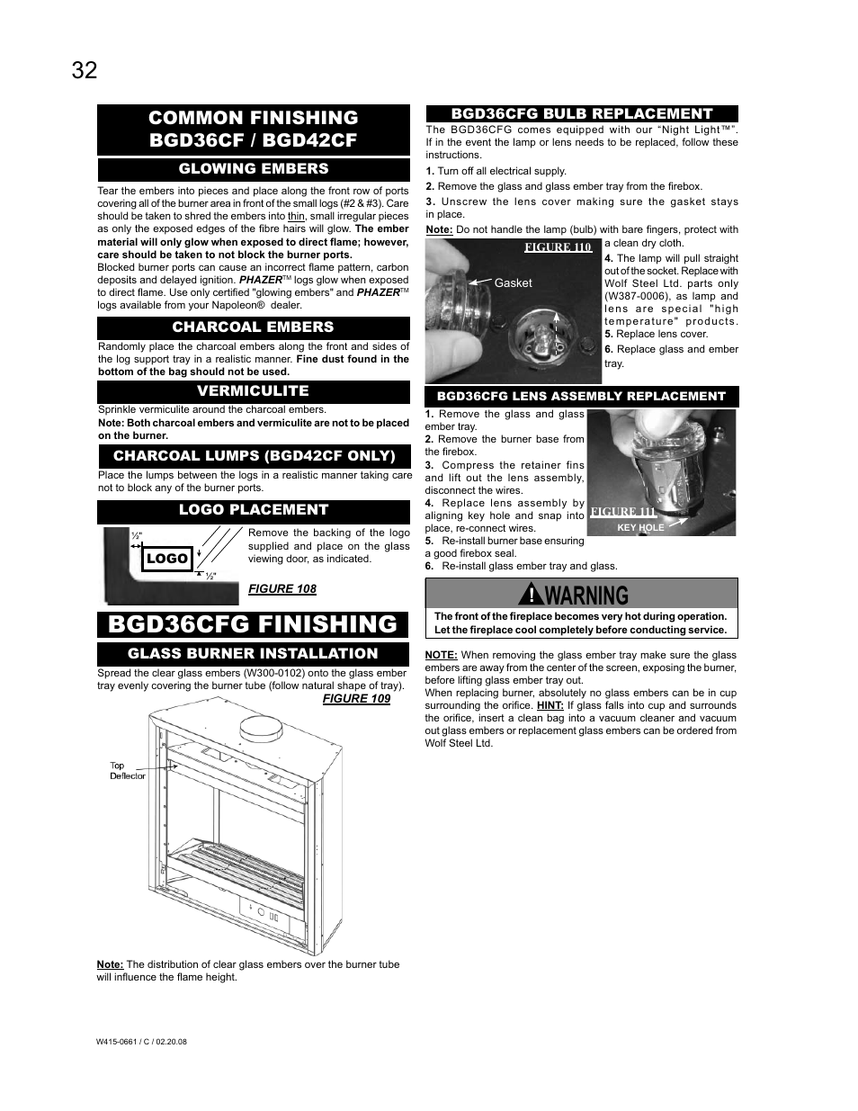Warning, Bgd36cfg finishing, Common finishing bgd36cf / bgd42cf | Napoleon Fireplaces BGD36CFPTR User Manual | Page 32 / 48