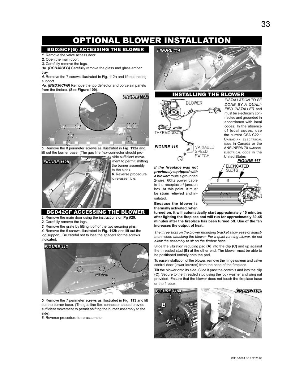 Optional blower installation, Ab b, Installing the blower | Bgd42cf accessing the blower | Napoleon Fireplaces BGD36CFPTR User Manual | Page 33 / 48