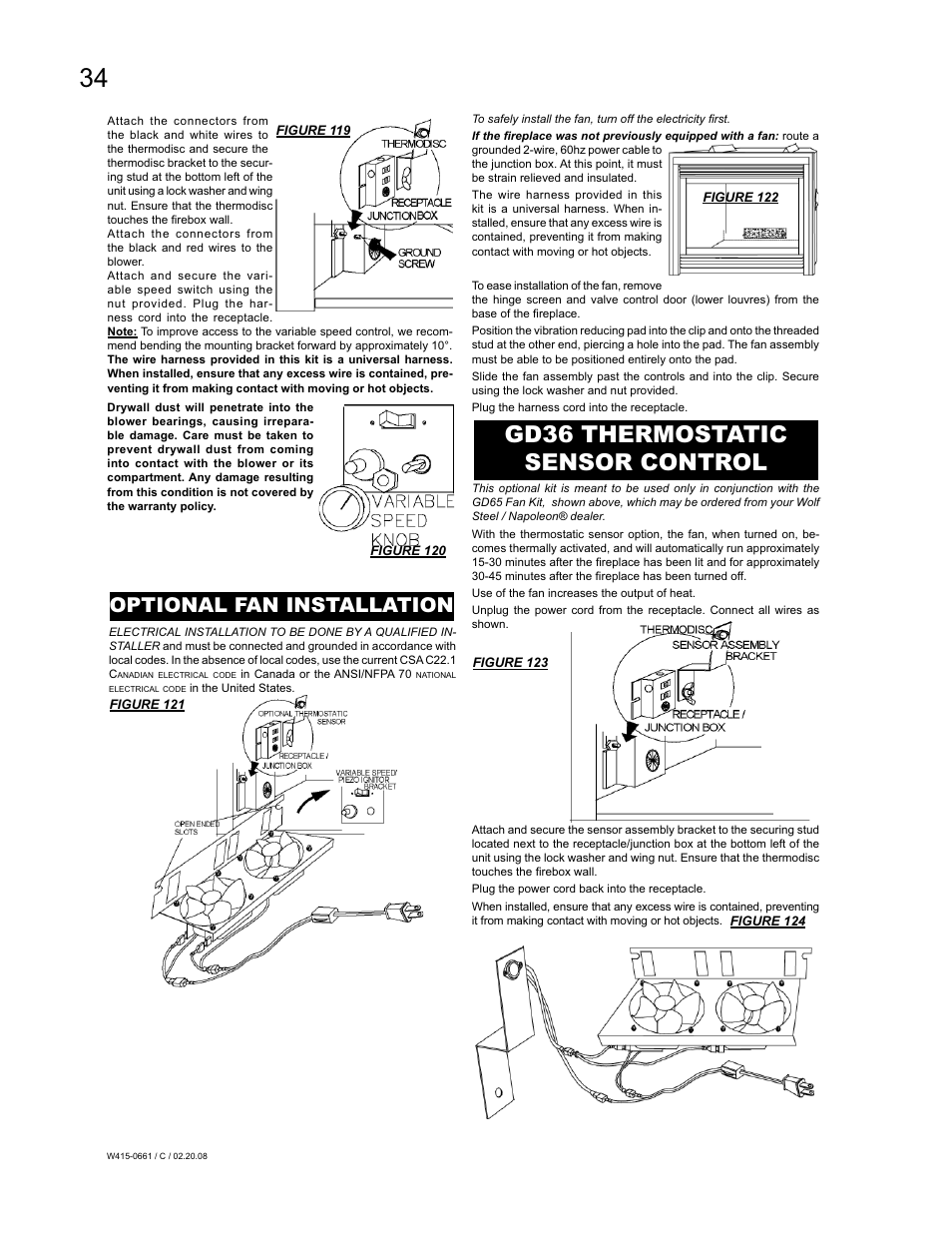 Gd36 thermostatic sensor control, Optional fan installation | Napoleon Fireplaces BGD36CFPTR User Manual | Page 34 / 48