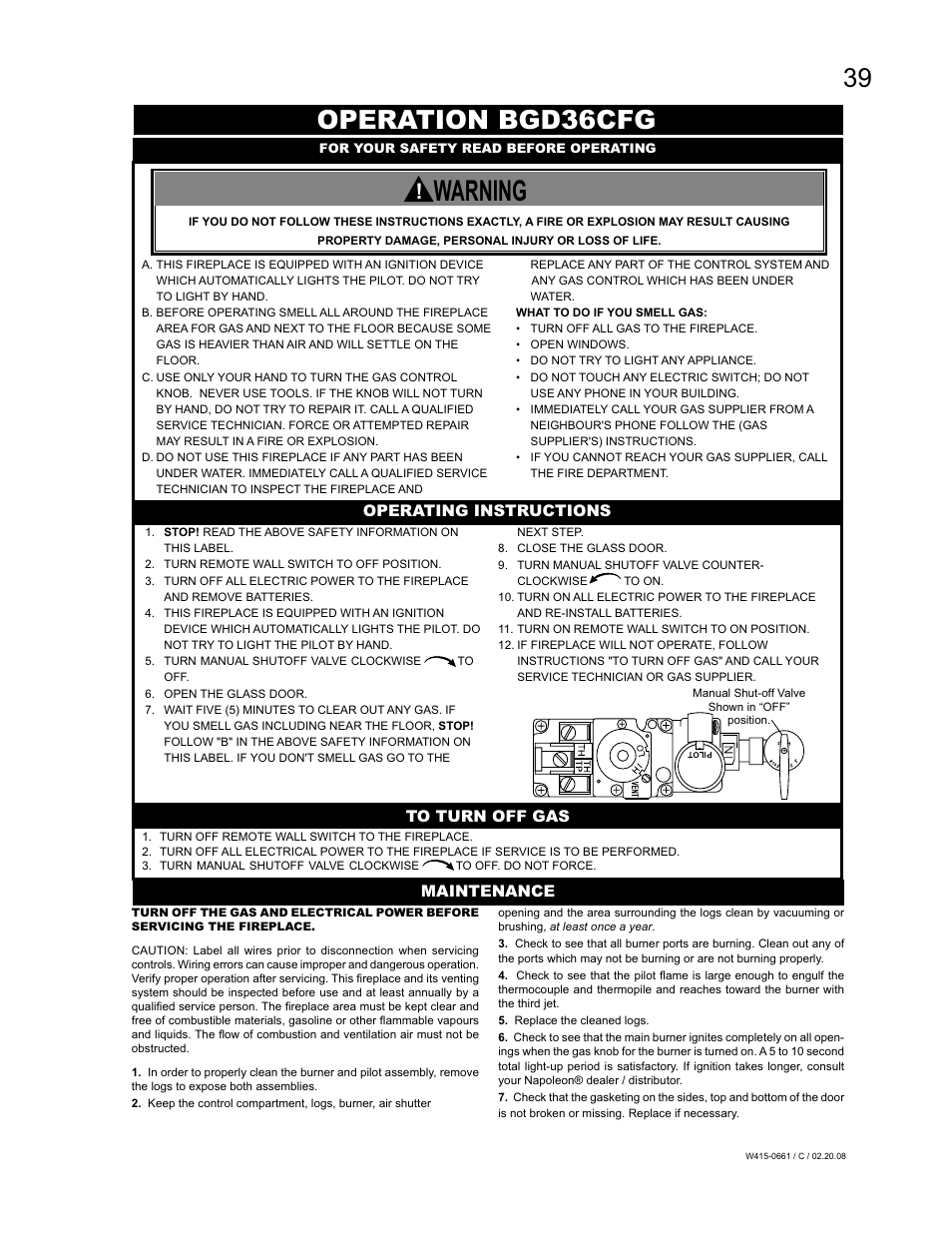 Warning, Operation bgd36cfg, Operating instructions | Maintenance | Napoleon Fireplaces BGD36CFPTR User Manual | Page 39 / 48