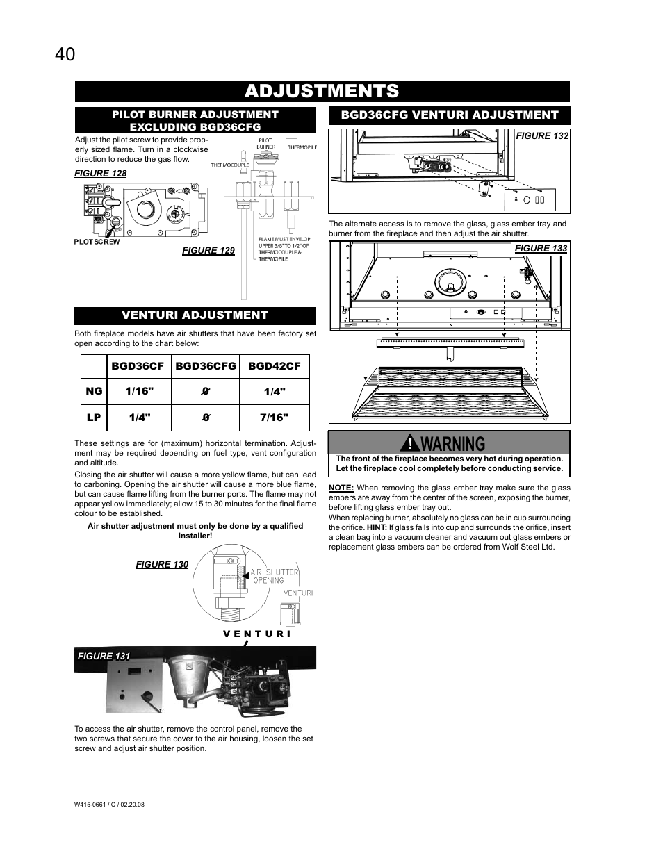 Warning, Adjustments | Napoleon Fireplaces BGD36CFPTR User Manual | Page 40 / 48