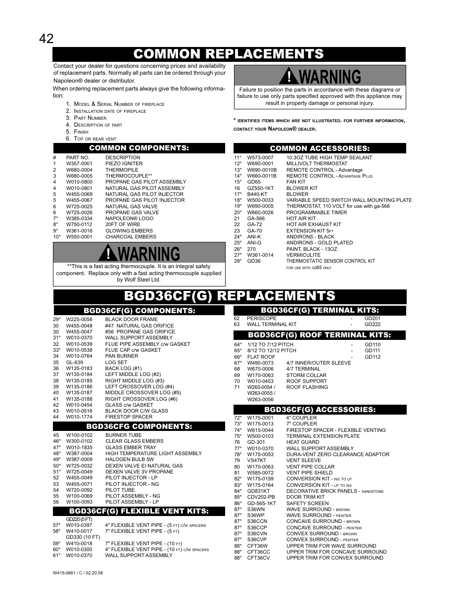 Warning, Common replacements, Bgd36cf(g) replacements | Bgd36cf(g) accessories, Bgd36cfg components | Napoleon Fireplaces BGD36CFPTR User Manual | Page 42 / 48