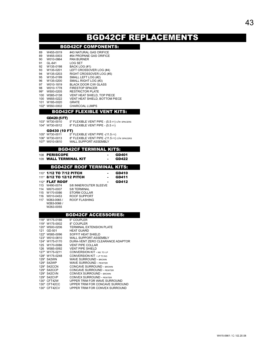 Bgd42cf replacements, Bgd42cf components: bgd42cf accessories, Bgd42cf flexible vent kits | Bgd42cf terminal kits, Bgd42cf roof terminal kits | Napoleon Fireplaces BGD36CFPTR User Manual | Page 43 / 48