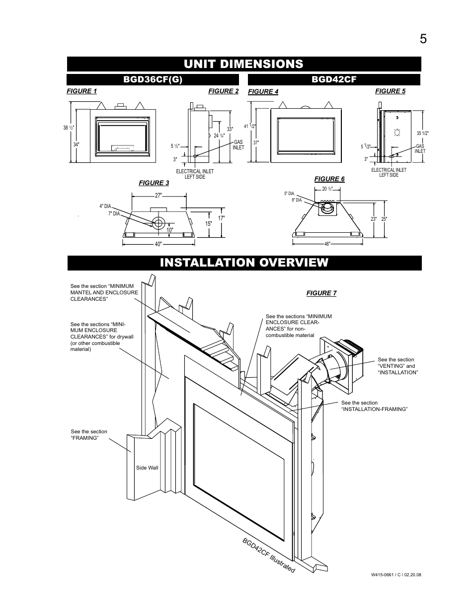 Unit dimensions, Installation overview, Bgd36cf(g) bgd42cf | Napoleon Fireplaces BGD36CFPTR User Manual | Page 5 / 48
