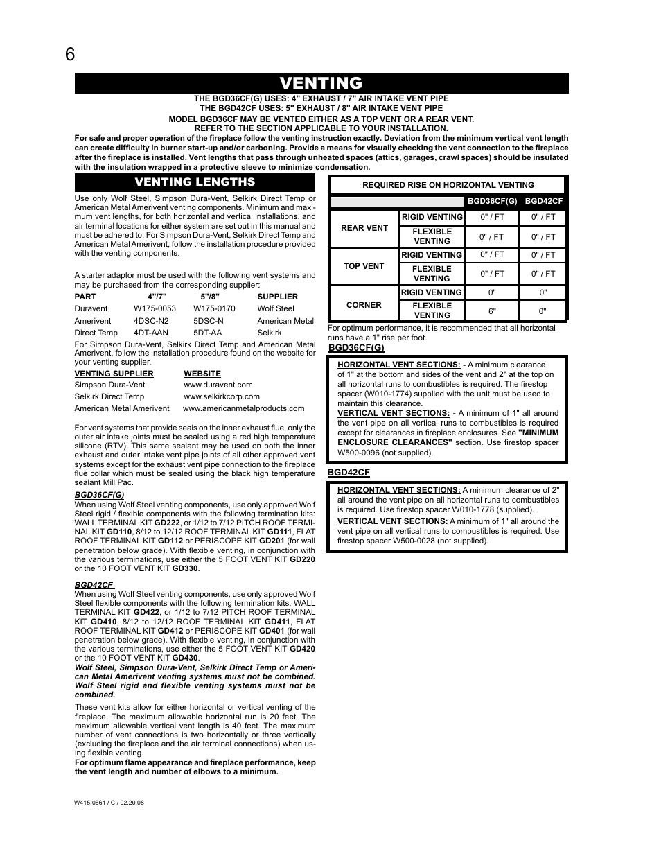 Venting, Venting lengths | Napoleon Fireplaces BGD36CFPTR User Manual | Page 6 / 48