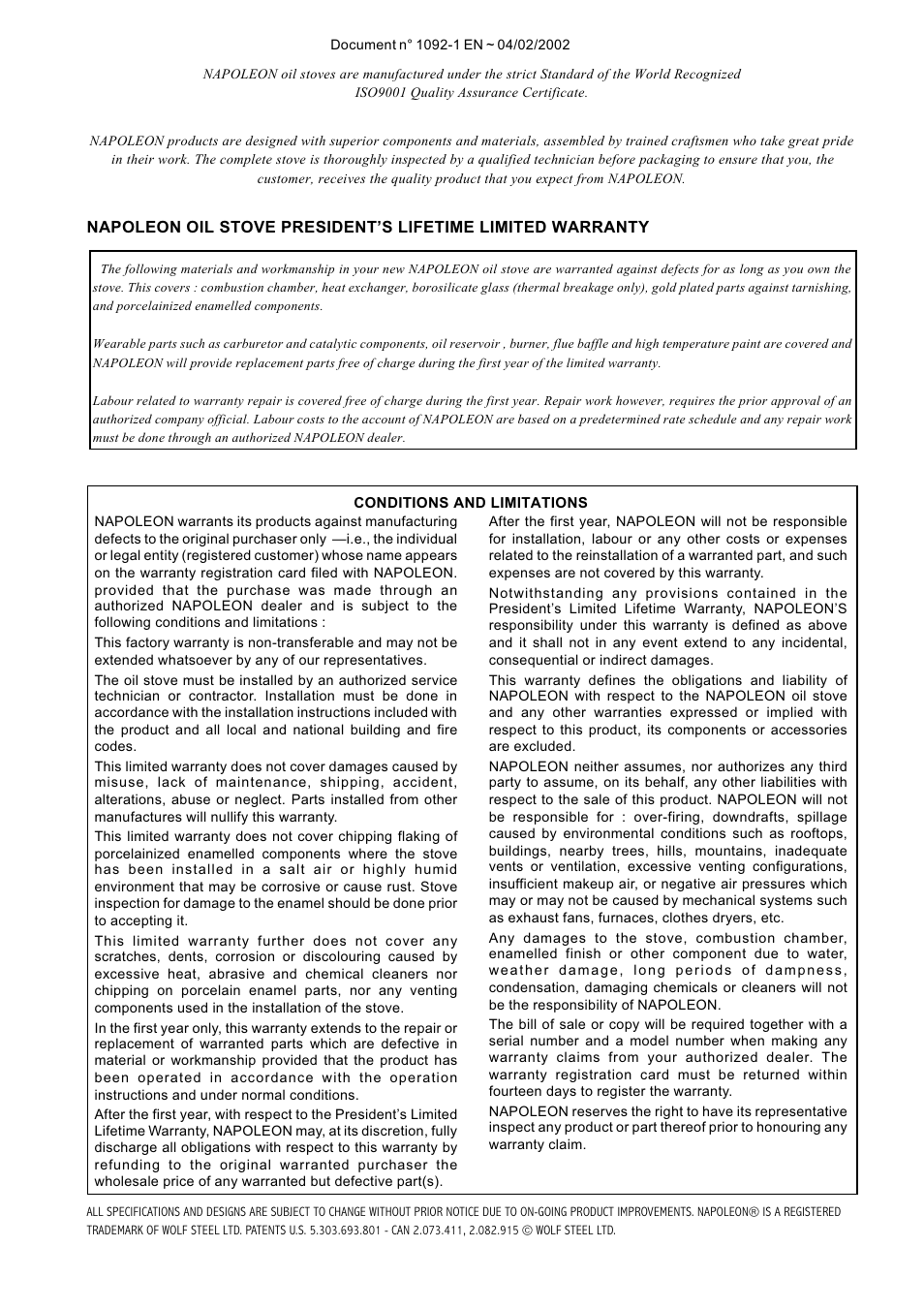 Pg. 3 . warranty | Napoleon Fireplaces OS10-3 User Manual | Page 3 / 16