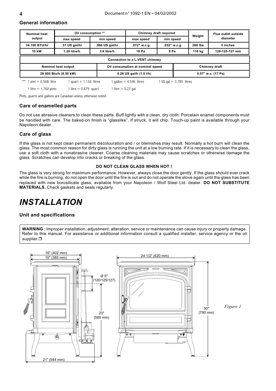 Pg. 4 . . installation, Pg. 4 . unit and specifications, Installation | Napoleon Fireplaces OS10-3 User Manual | Page 4 / 16