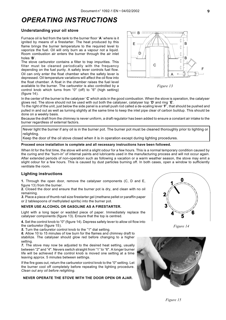 Pg. 9 . . operating instructions, Operating instructions | Napoleon Fireplaces OS10-3 User Manual | Page 9 / 16