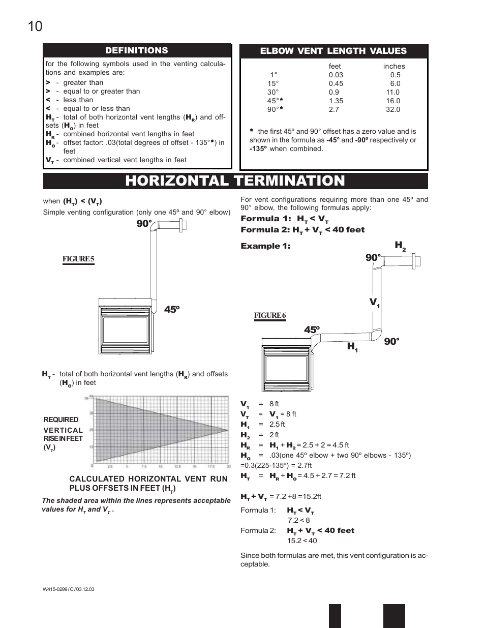 Horizontal termination, 90° h, 45º 90 | Definitions elbow vent length values | Napoleon Fireplaces BGD40-P User Manual | Page 10 / 36