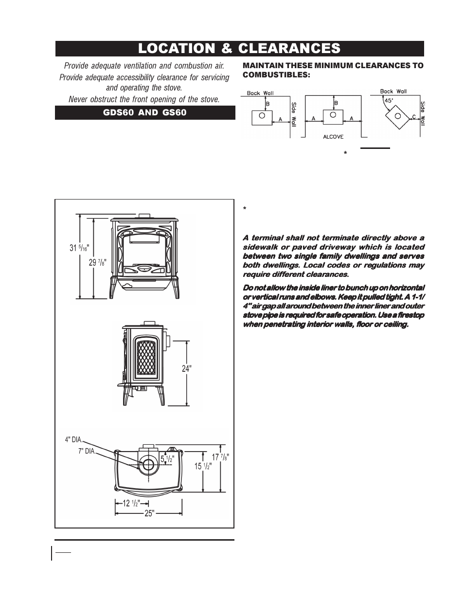 Location & clearances | Napoleon Fireplaces GS60-P User Manual | Page 5 / 24
